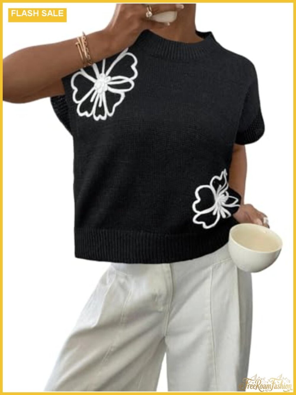 Women's Short Sleeve Knit Pullover Sweater, 3D Floral Top, Crew Neck
